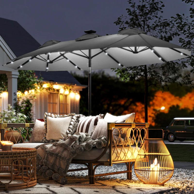 Double-Sided Patio Umbrella with LED Solar Lights - Gray