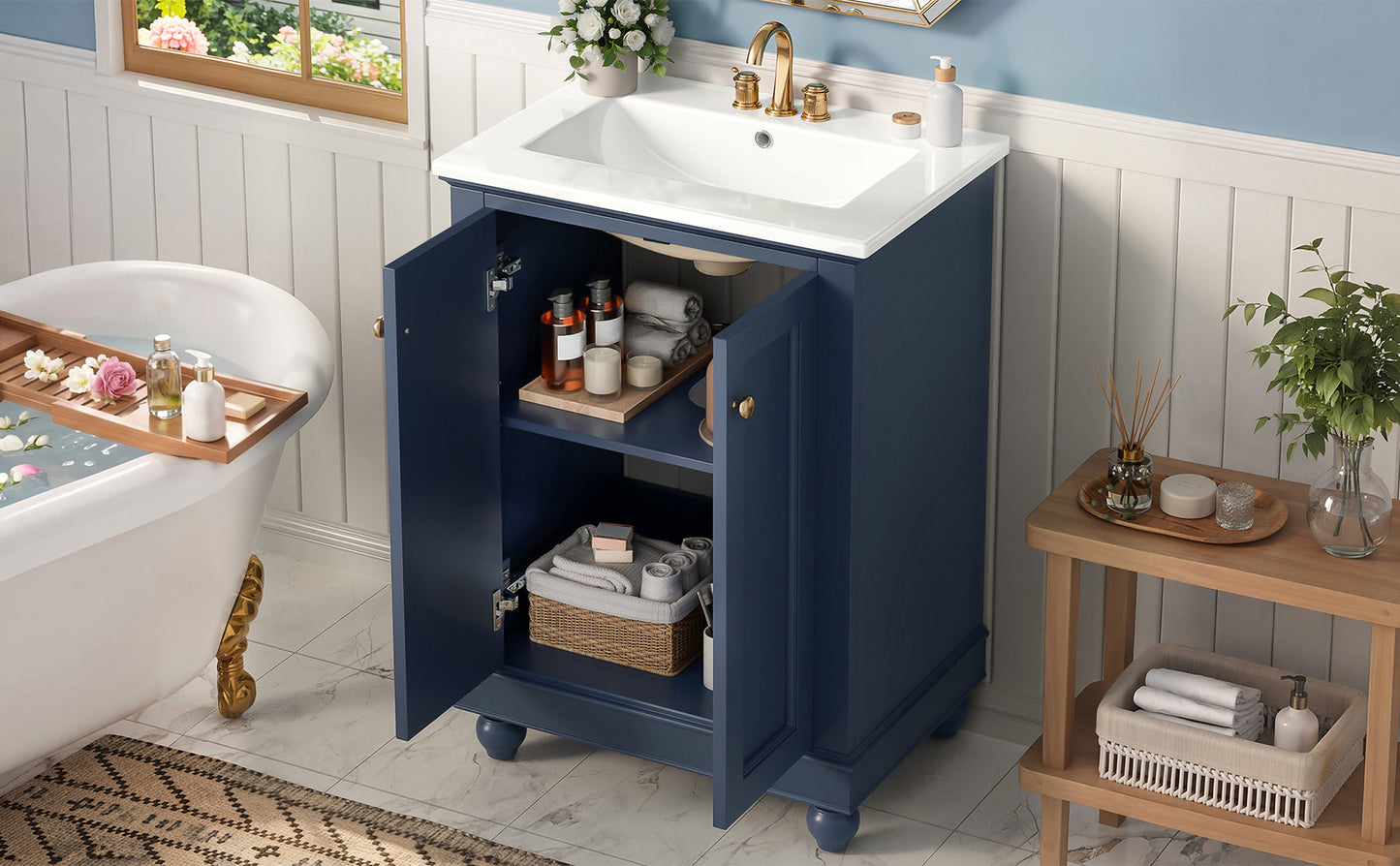 24-Inch Blue Bathroom Vanity Cabinet with Ceramic Sink