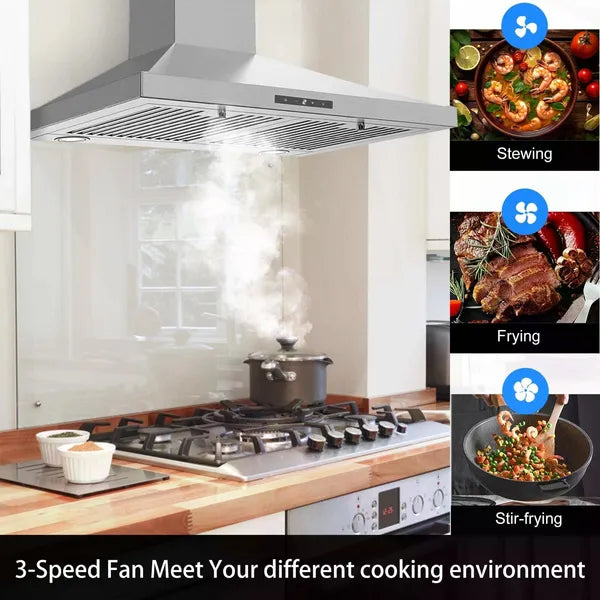 30 Inch Stainless Steel Range Hood - 450 CFM Ductless/Ducted Kitchen Vent with LED Light & Touch Control