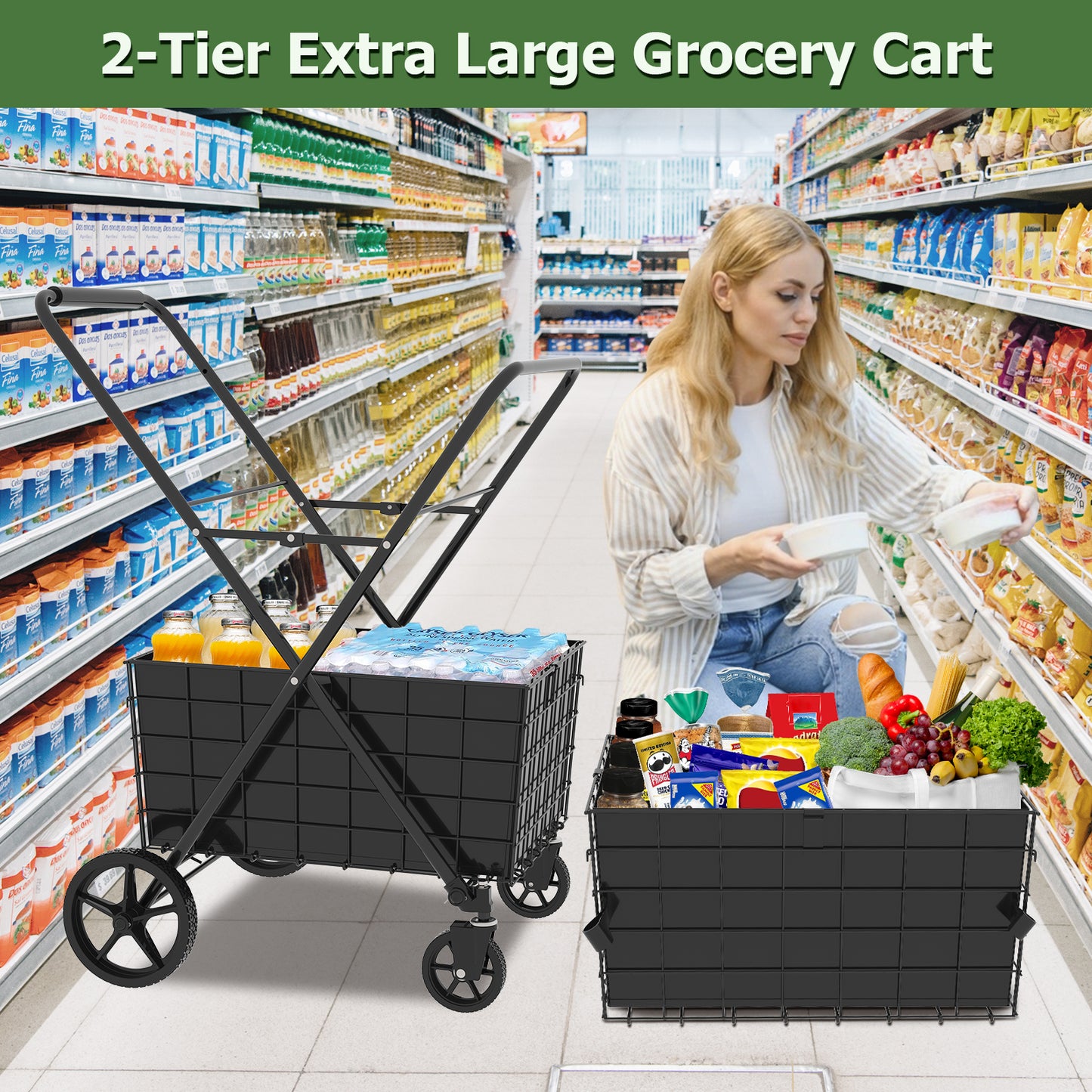 Jumbo Foldable Grocery Cart with Double Baskets - Antique Black