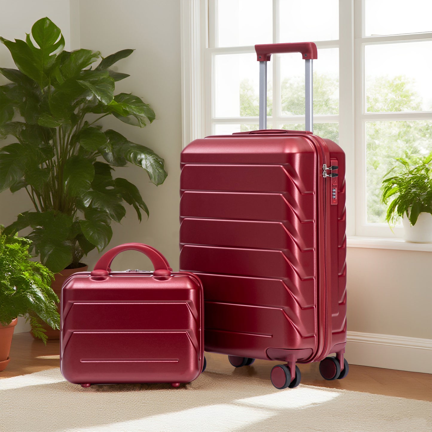 2-Piece ABS Spinner Wheel Luggage Set with Combination Lock - Wine Red