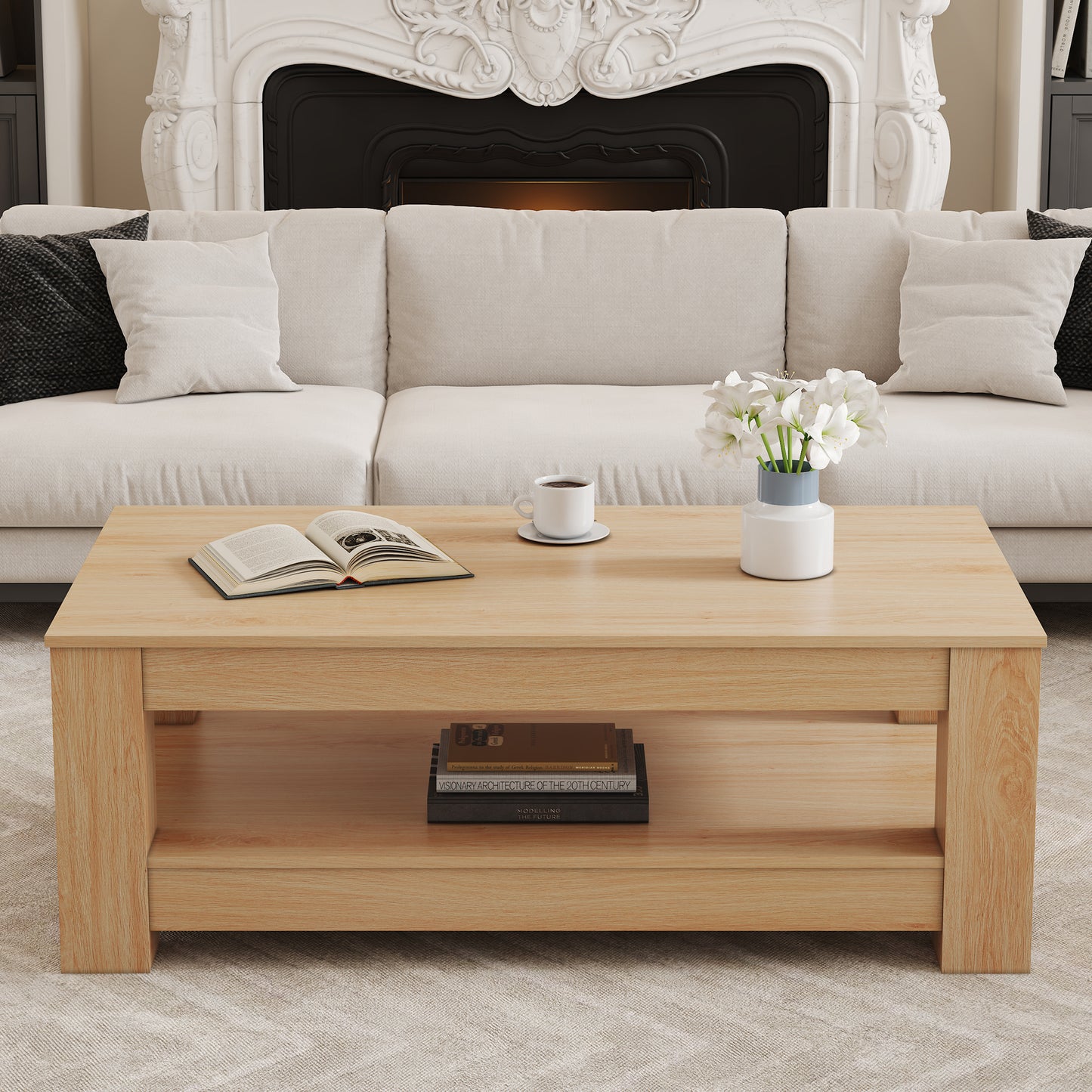 A Modern And Practical Natural Wood Coffee Table. The Double Layered