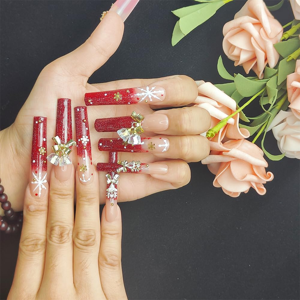 Handmade Press-On Nails - Red Snowflake Rhinestone Bell Design Set