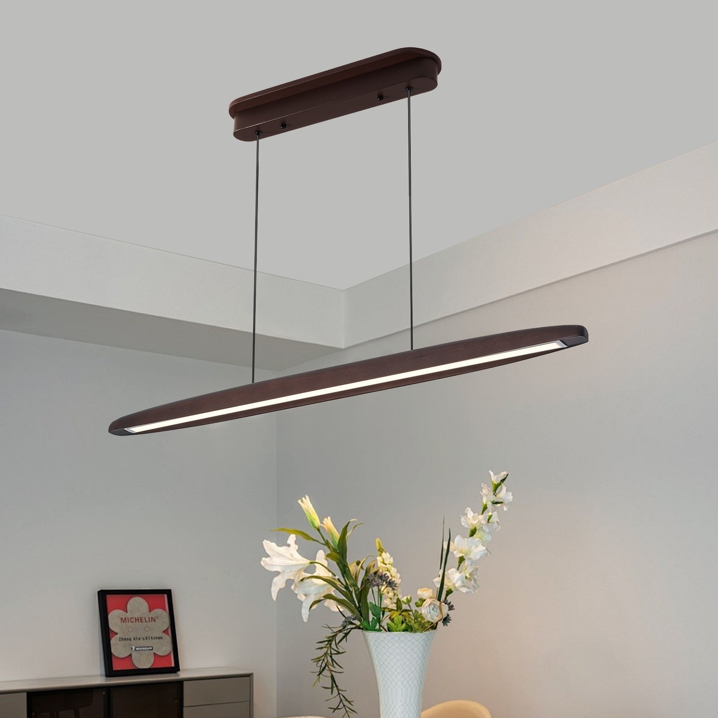 51-Inch LED Pendant Light with Remote Control - Walnut Finish