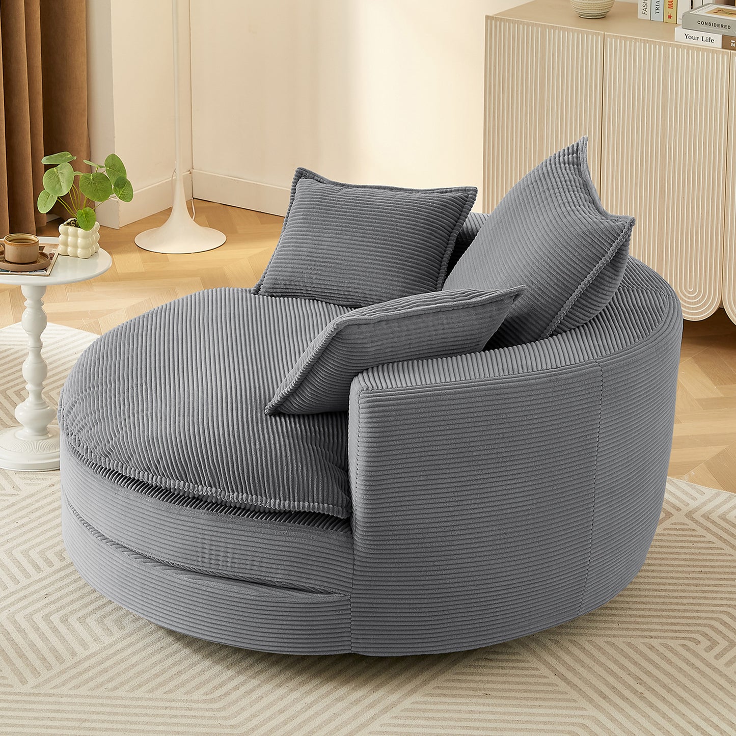 360° Swivel Barrel Chair with Dual-Layer Cushion - Grey