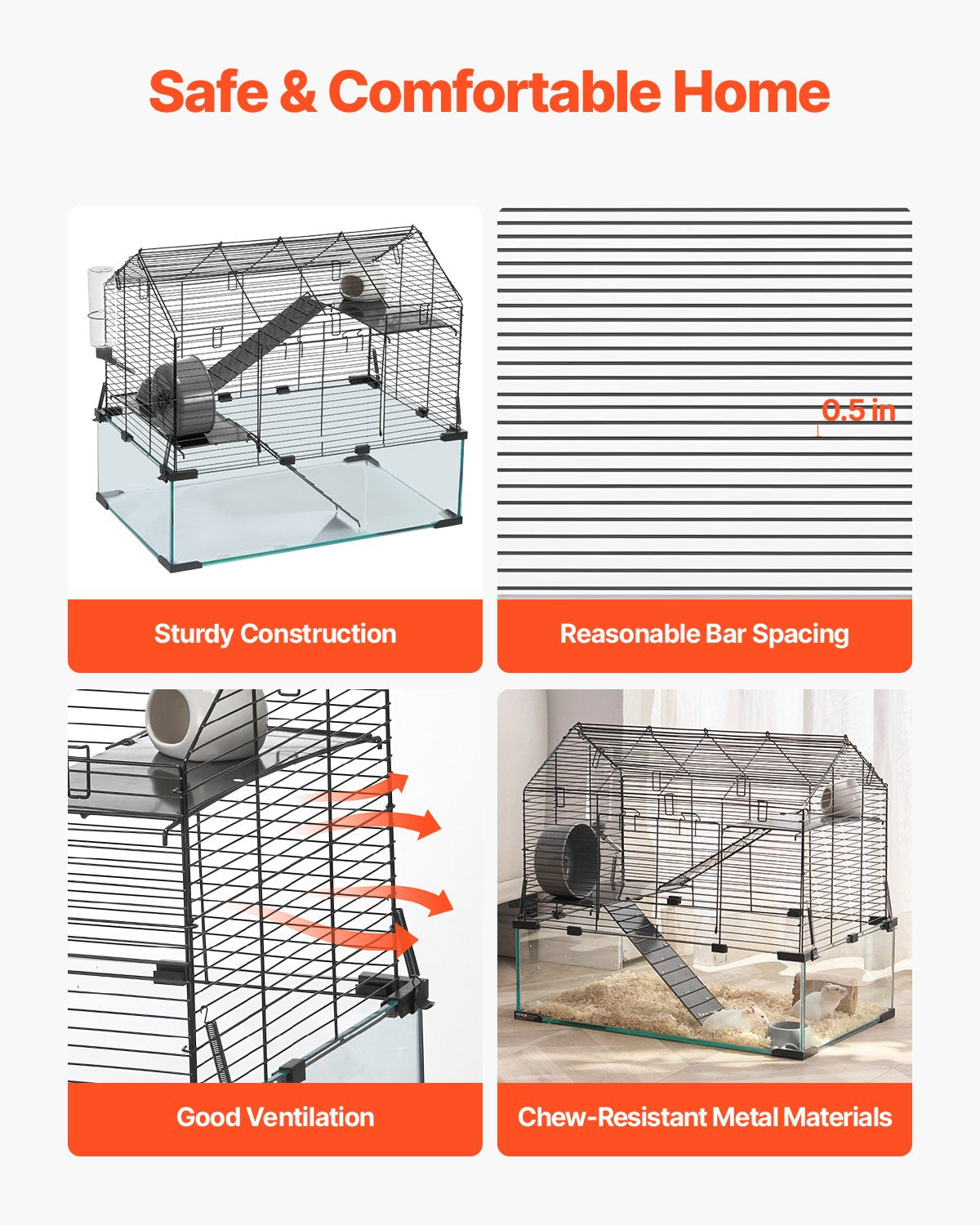 Wire Hamster Cage Habitat 22.8in with Acrylic View for Small Animals - Black