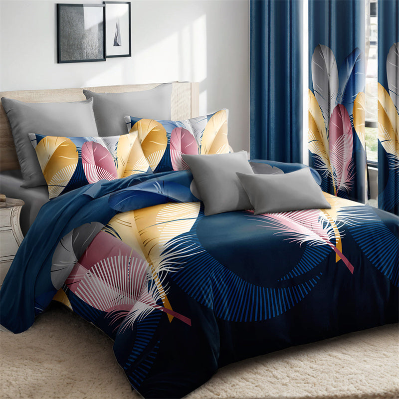 9-Piece Boho Feather Quilt and Curtain Set - Customizable Panels