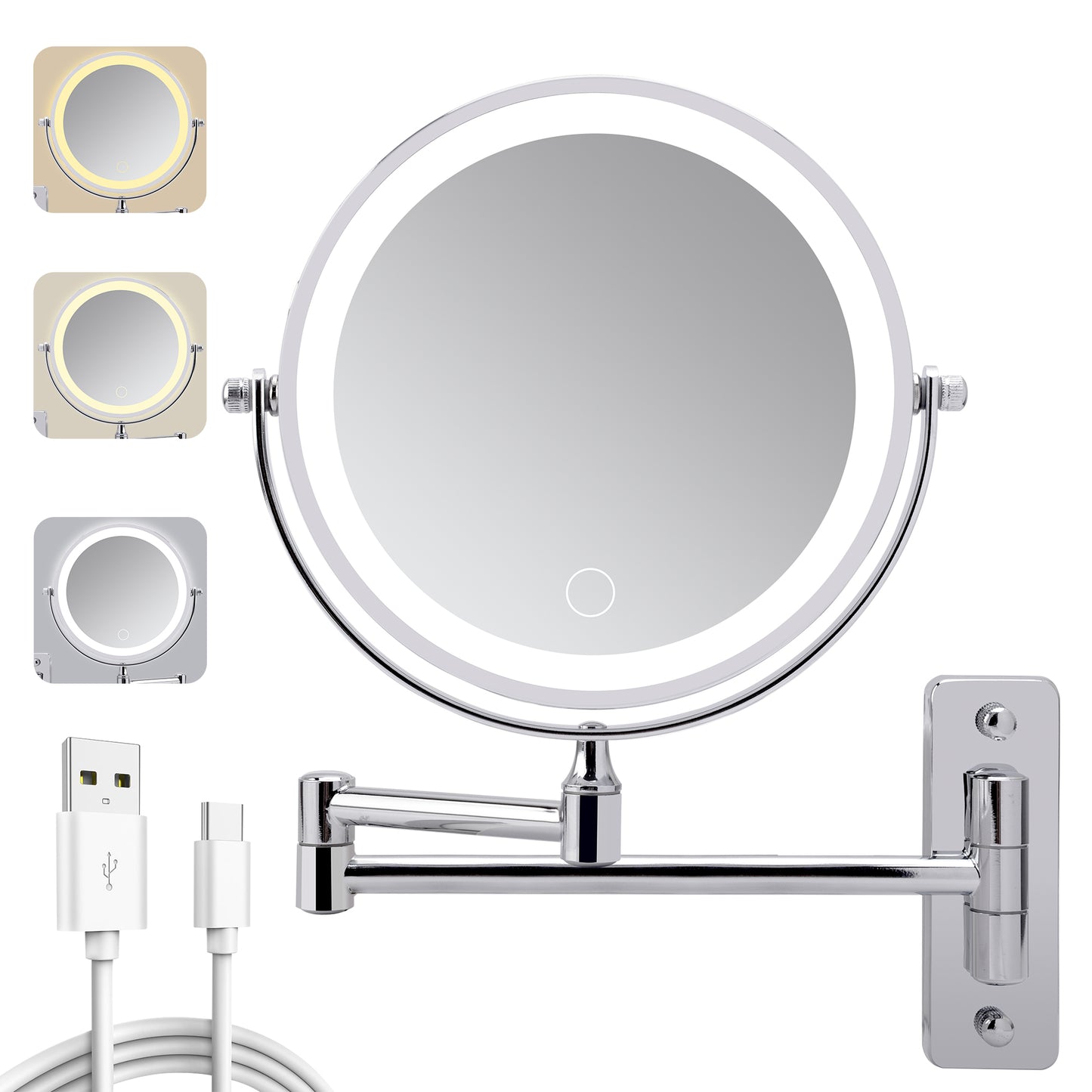Wall Mounted Lighted Makeup Mirror - 1X/10X Magnification, Rechargeable, 3 Color Lights