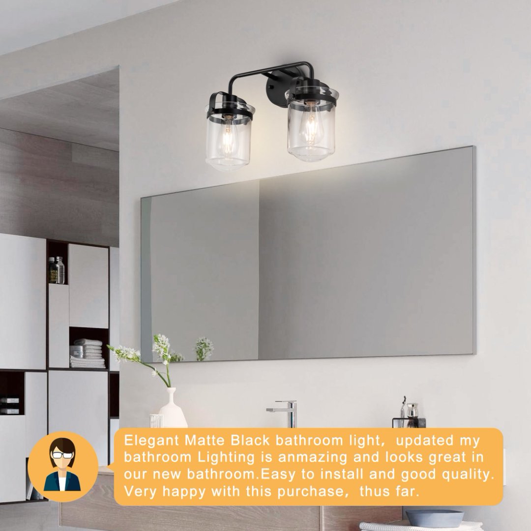 Modern Black Wall Sconce Light with Clear Glass Shade - Indoor Indoor Fixture for Bathroom Bedroom Living Room Kitchen Sink - E26 Socket