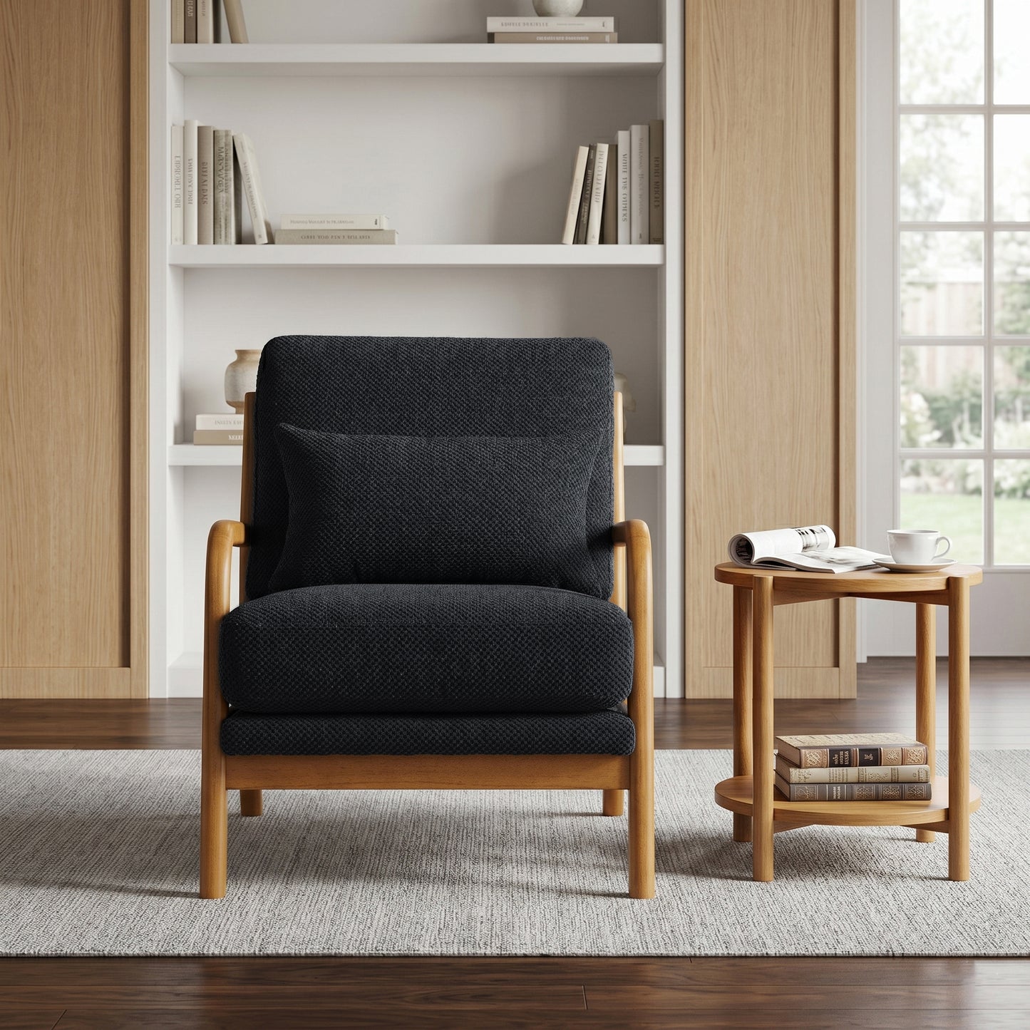 Mid-Century Modern Wooden Lounge Chair - Black Fabric