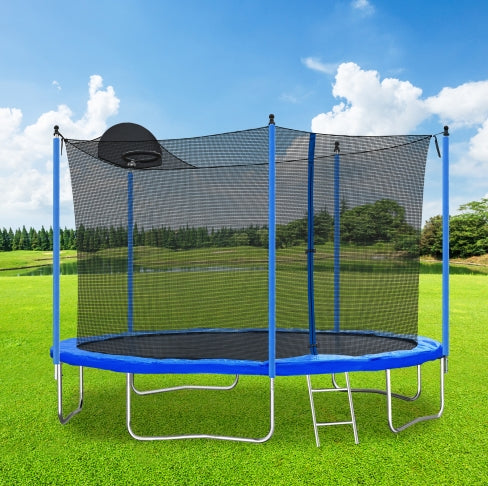 12FT Trampoline with Basketball Hoop - Blue, Outdoor Safety Net