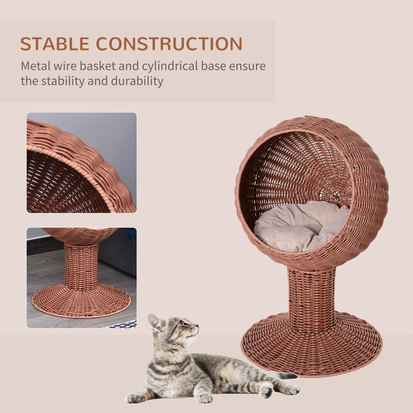 Elevated Cat Bed with Rotatable Egg Chair - Brown, 450x430mm