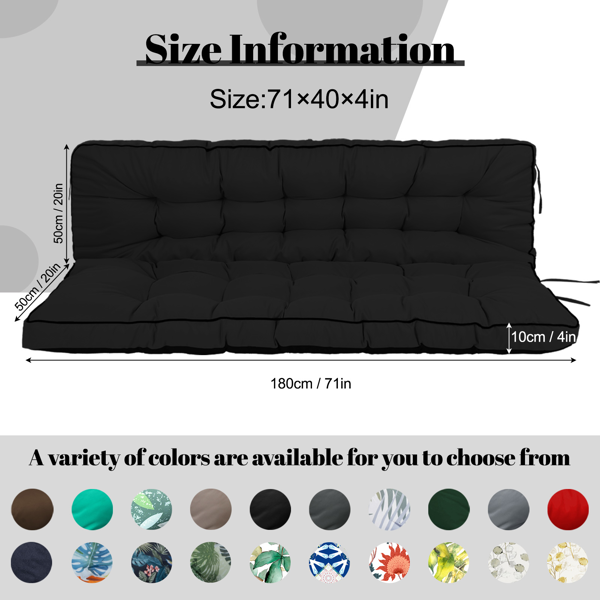 Outdoor Swing Cushions 70 Inch Waterproof Thick Porch Seat Replacement with Backrest and Ties - Black