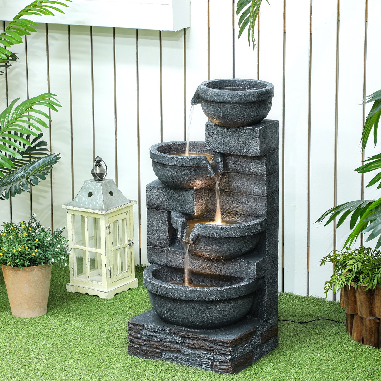 30-Inch Outdoor Waterfall Fountain with LED Lights, 4-Tier Resin Cascading Water Bowls