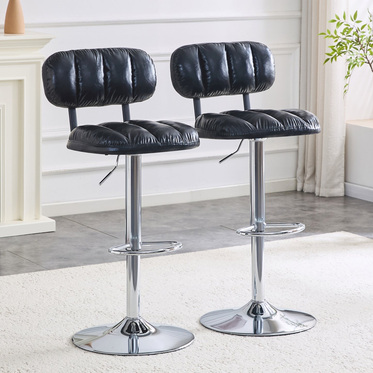 Set Of 2 Adjustable Height Bar Stools, Black PU Leather Upholstered