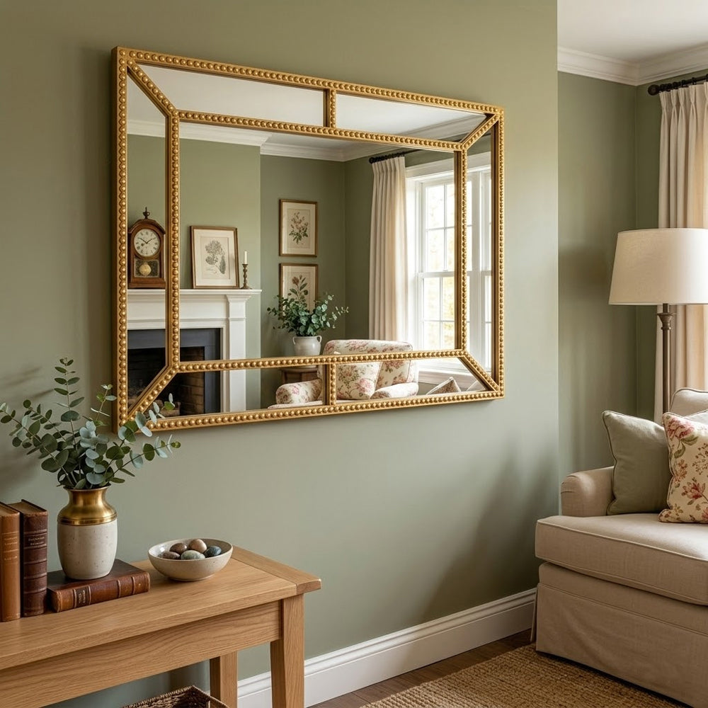 Gold Beaded Wall Mirror - 36" x 24" Decorative Metal Frame for Home Decor