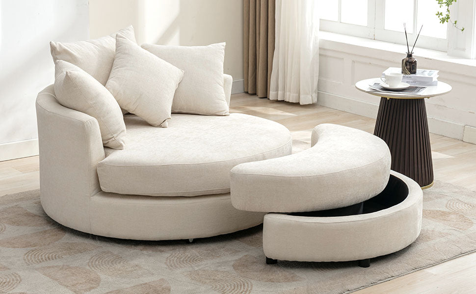 360° Swivel Accent Barrel Chair with Storage Ottoman & 4 Pillows - Cream