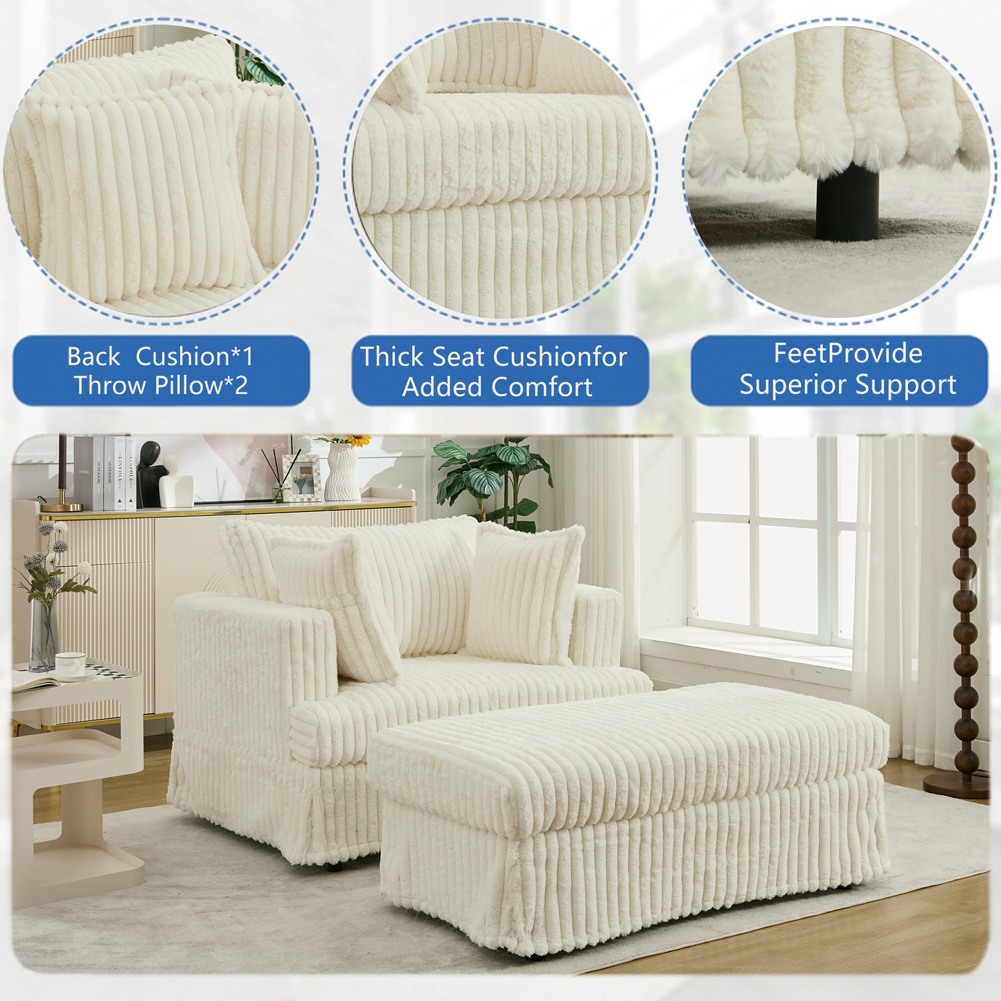 Oversized Corduroy Chaise Longue with Ottoman - Beige