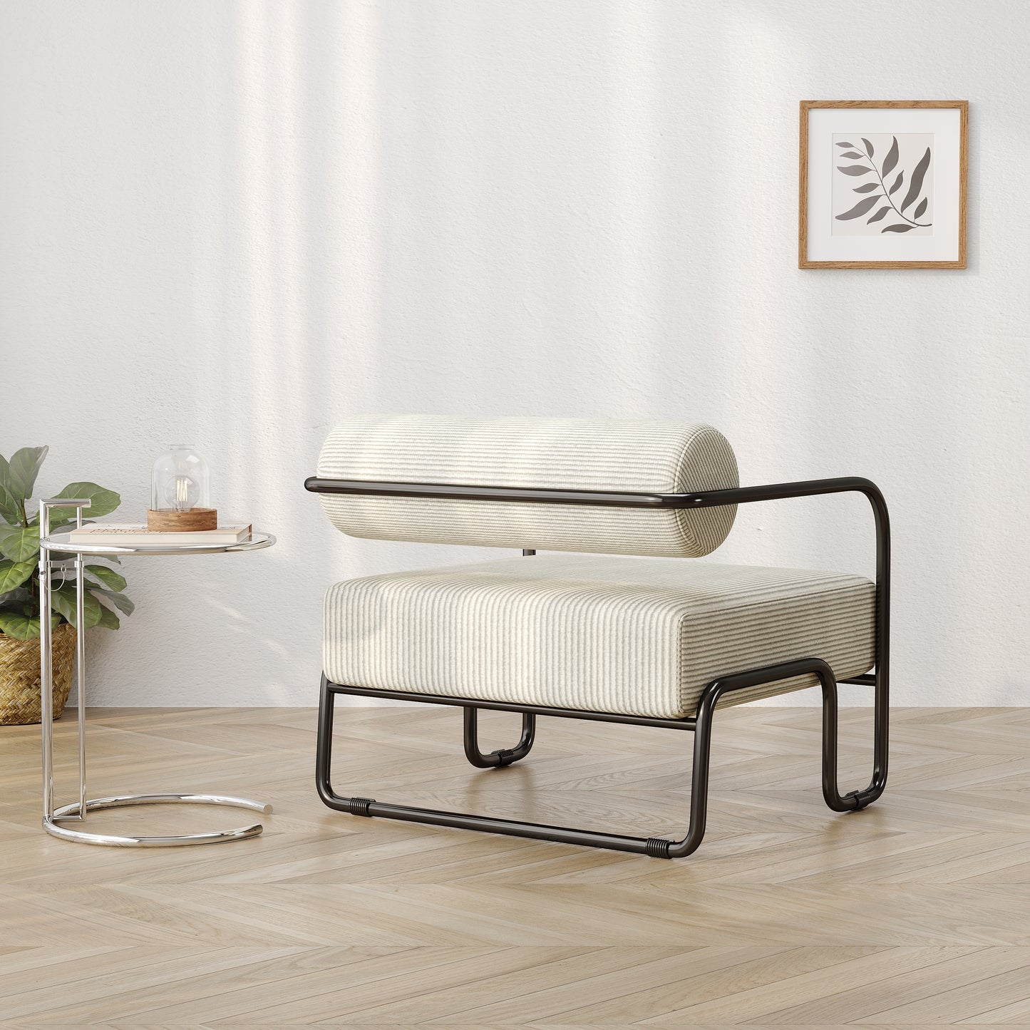 Beige Corduroy Lazy Sofa Chair with Iron Frame - Comfortable Seating
