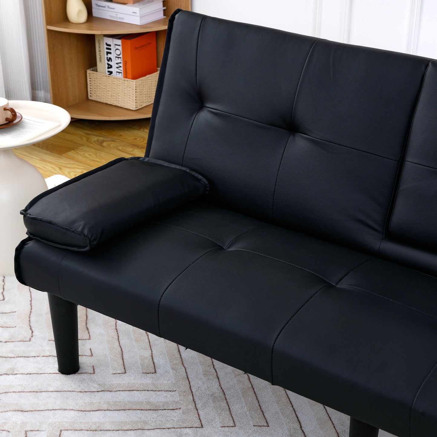 67-Inch Black PVC Multi-Functional Sofa Bed with Cup Holder