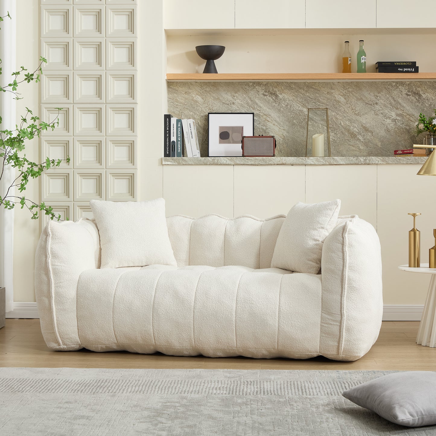 Comfortable Beanbag Chair for Two - Beige Chenille Sofa