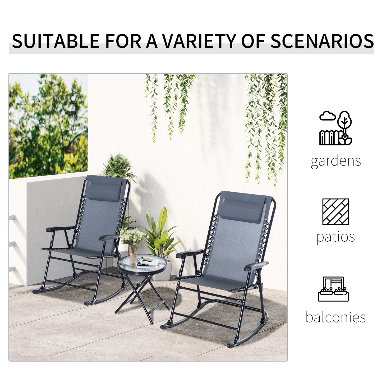 Outdoor Folding Rocking Chair Set with Side Table - Gray