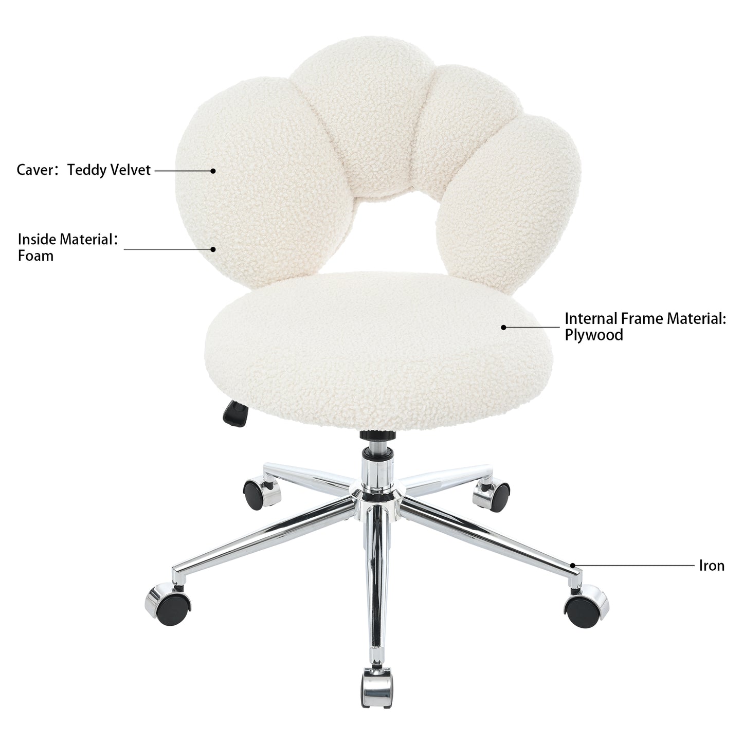 360° Swivel Height Adjustable Office Chair - White Teddy Fabric