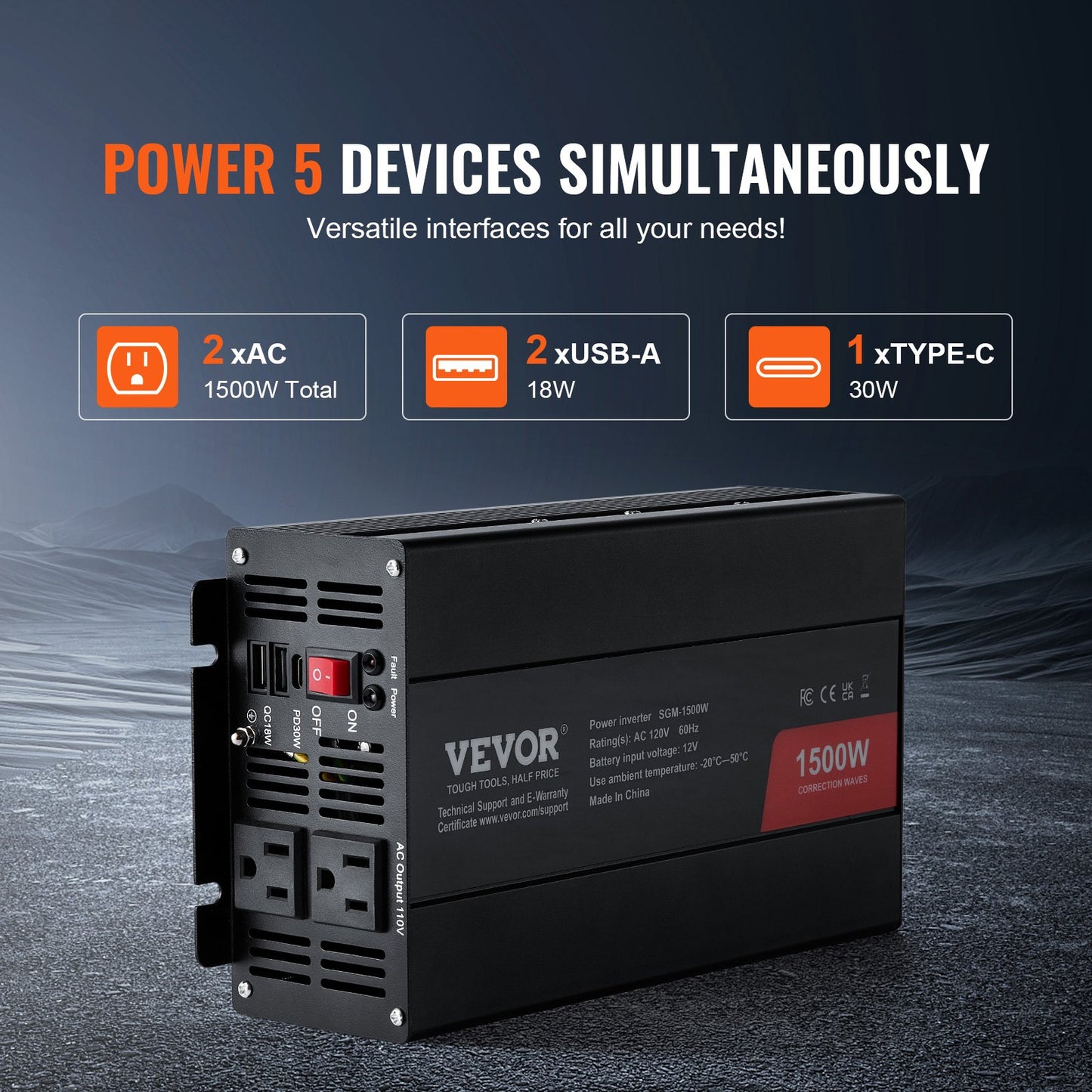 1500W Modified Sine Wave Power Inverter DC 12V to AC 120V with USB & Type-C, 2 Outlets, Fuses