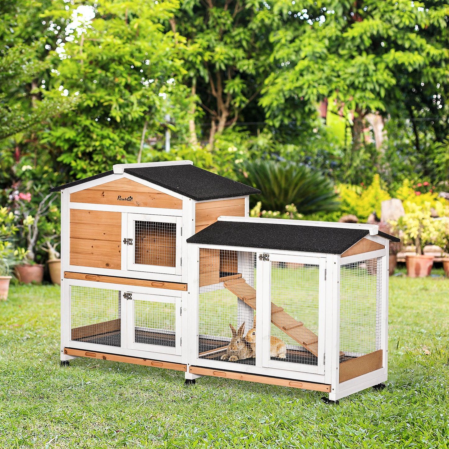 Wooden Rabbit Hutch with Wheels and Run Box, Slide-Out Tray, Ramp, Yellow
