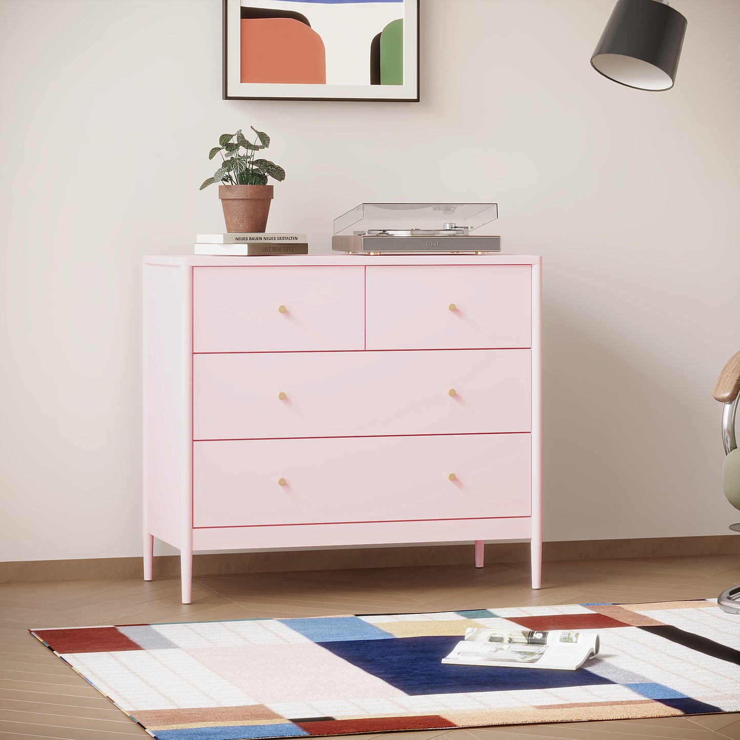 Pink 4-Drawer Wooden Kids Dresser - Modern Storage Cabinet