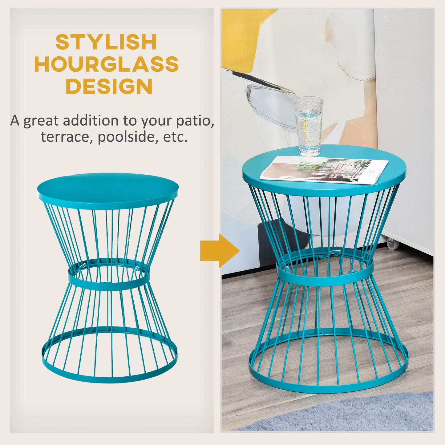 16" Steel Patio Side Table - Hourglass Design, Indoor/Outdoor Use - Blue