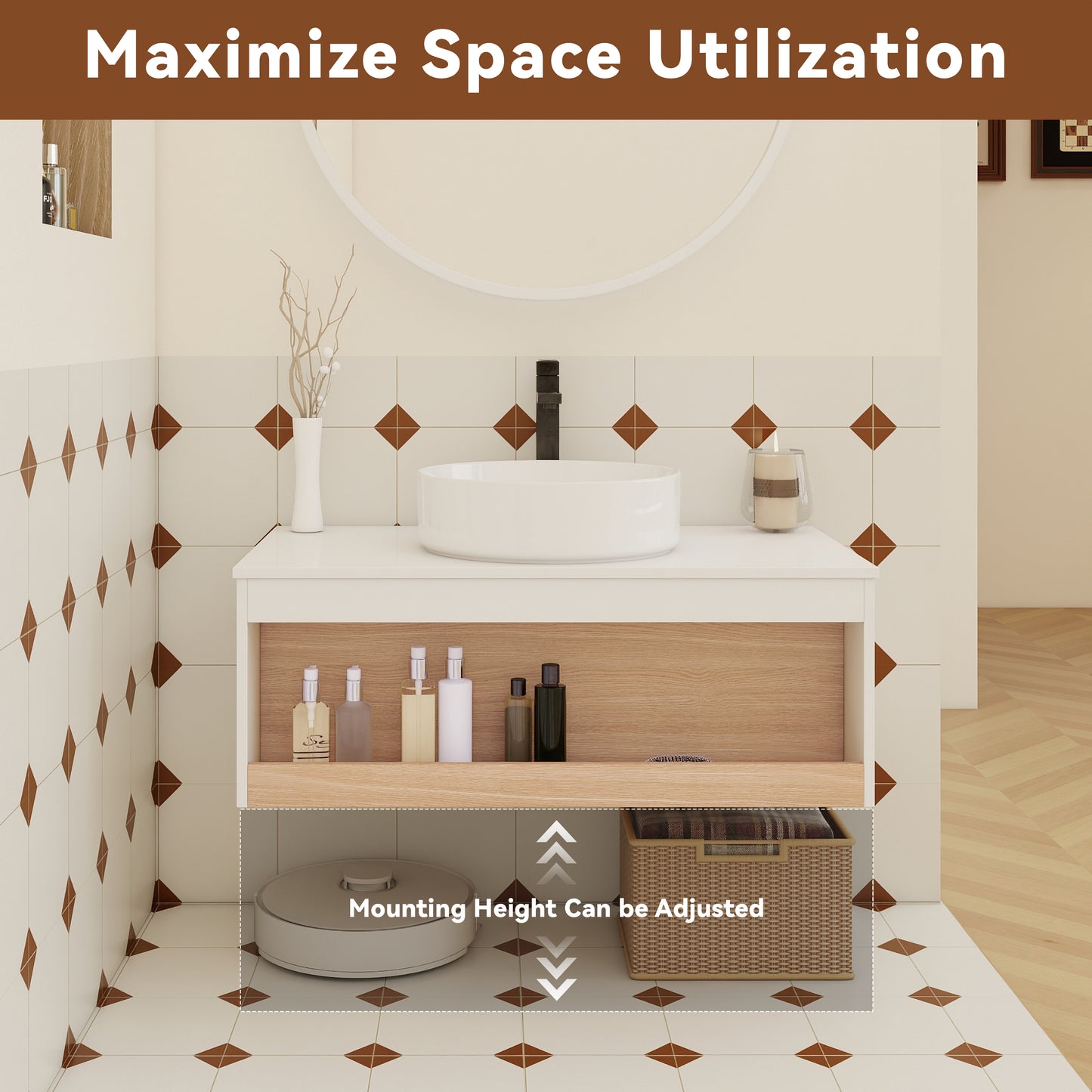 36" Floating Bathroom Vanity with White Round Vessel Sink