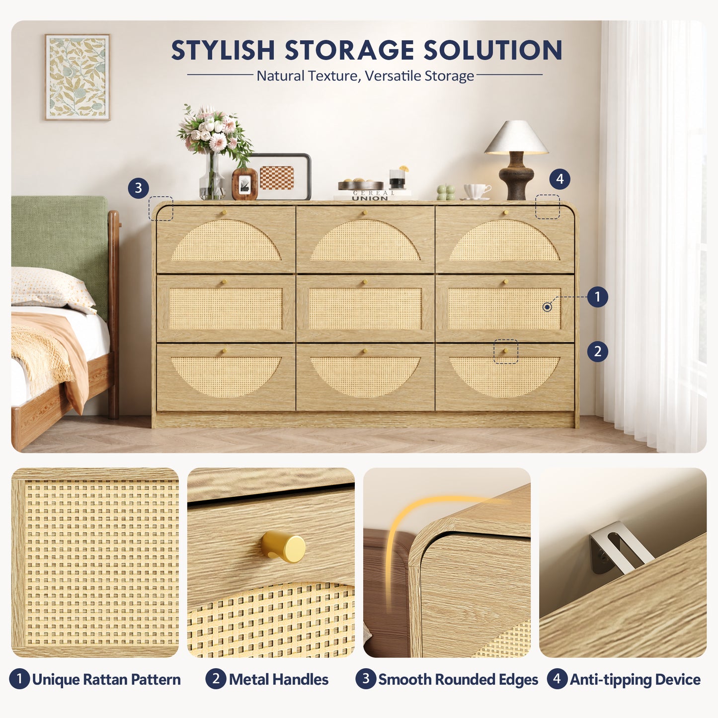 9-Drawer Rattan Dresser - Modern Walnut Storage Cabinet