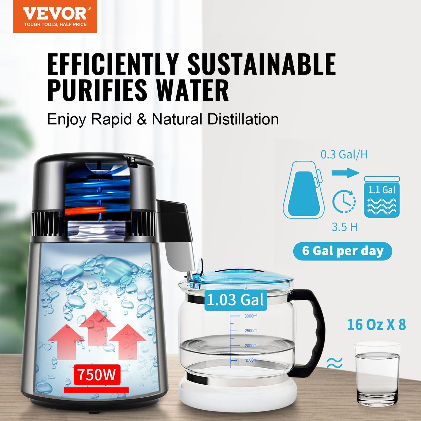 4L Countertop Water Distiller with Stainless Steel Interior and 750W Power - Pure Water Maker for Home