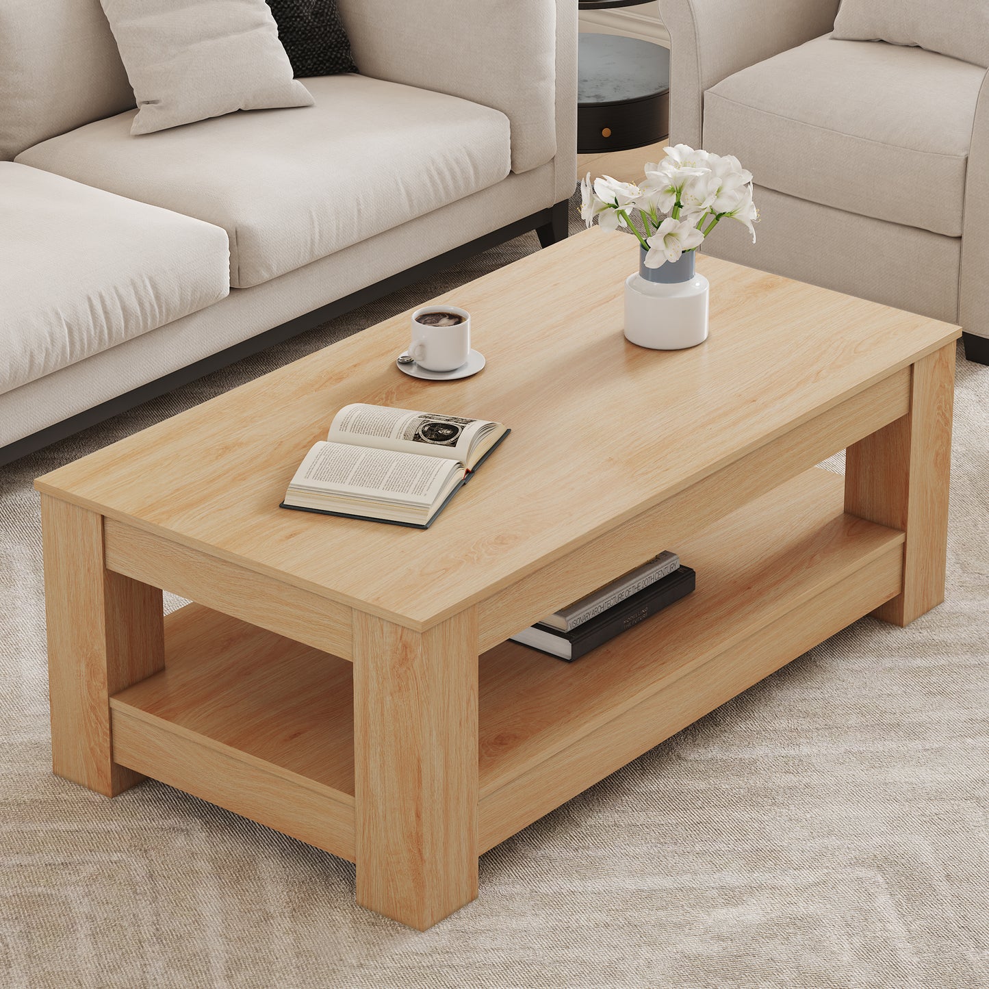A Modern And Practical Natural Wood Coffee Table. The Double Layered