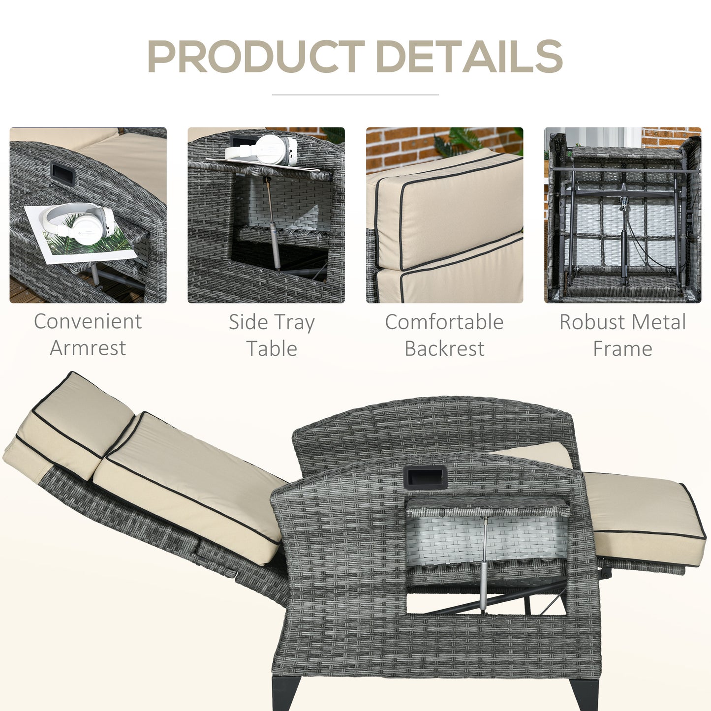 Outdoor Recliner Chair with Cushions and Tray Table - Khaki