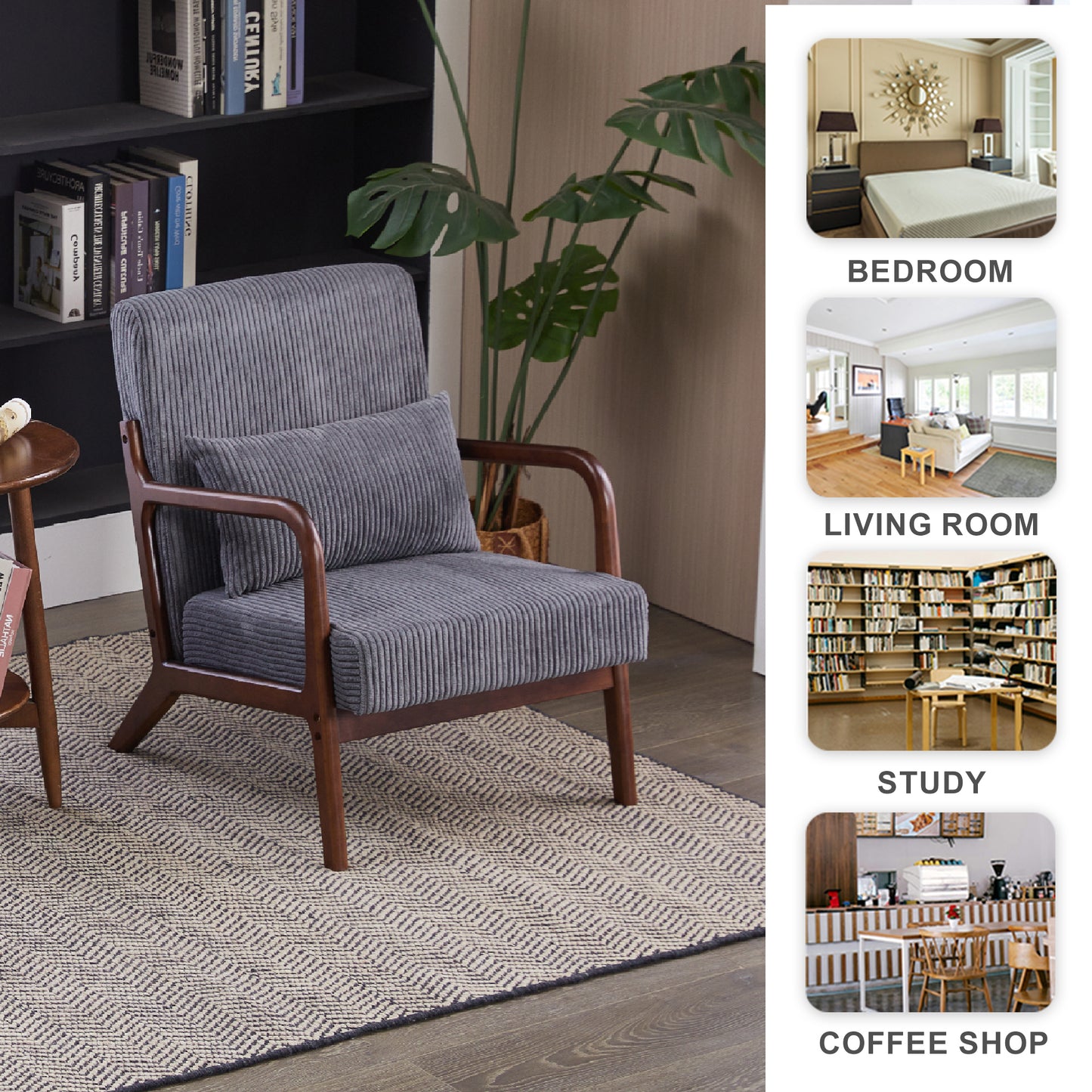 Mid-Century Modern Accent Chair - Antique Dark Grey Upholstered Armchair