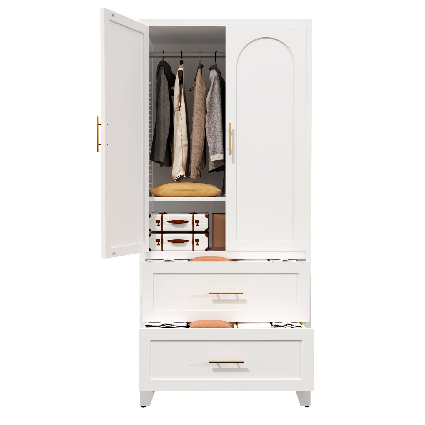71-Inch Tall Metal Wardrobe Cabinet with 2 Drawers - White