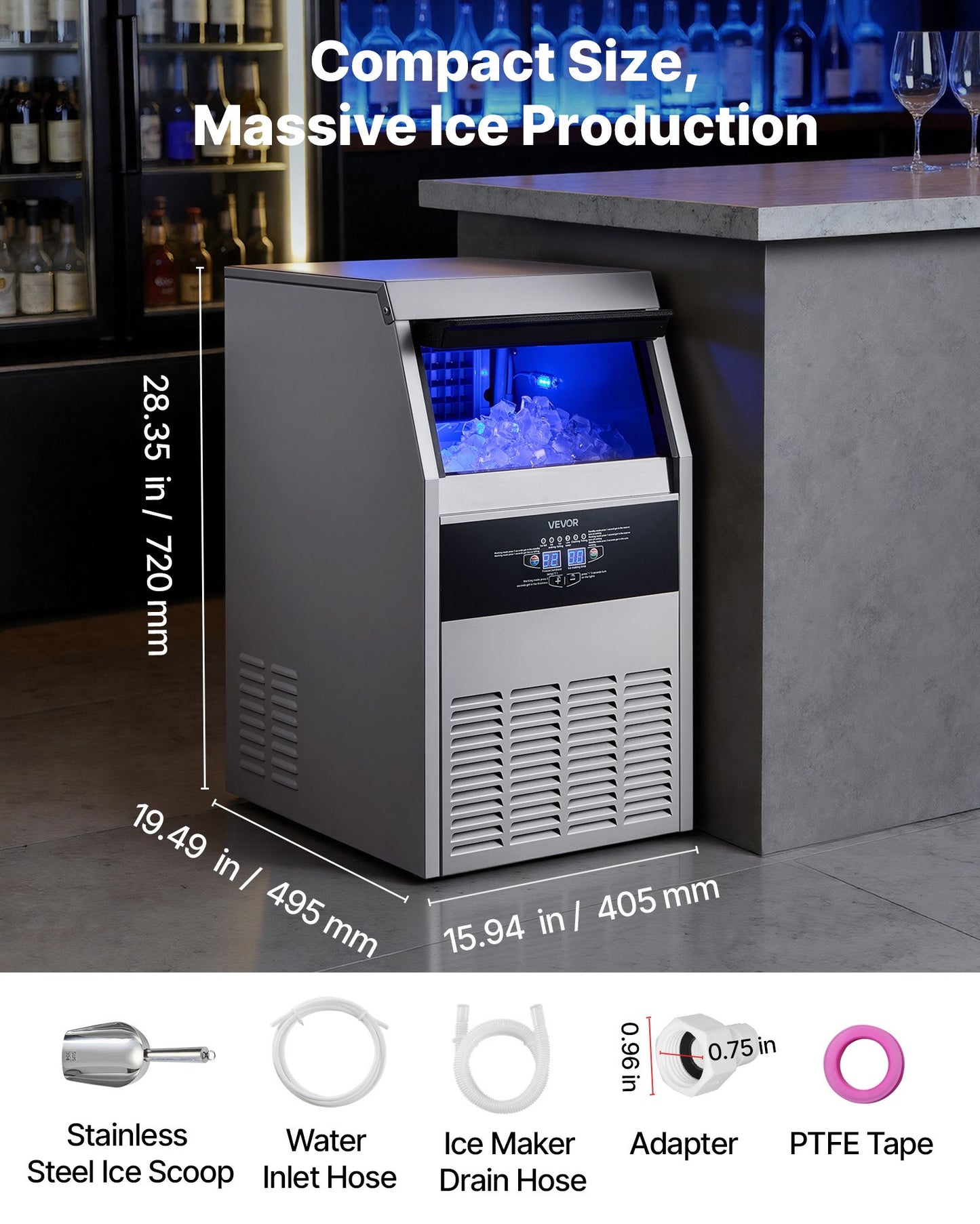 Commercial Ice Maker Machine 160Lbs/24h with 30Lbs Storage, Stainless Steel, LED Display, Self-Cleaning, Black
