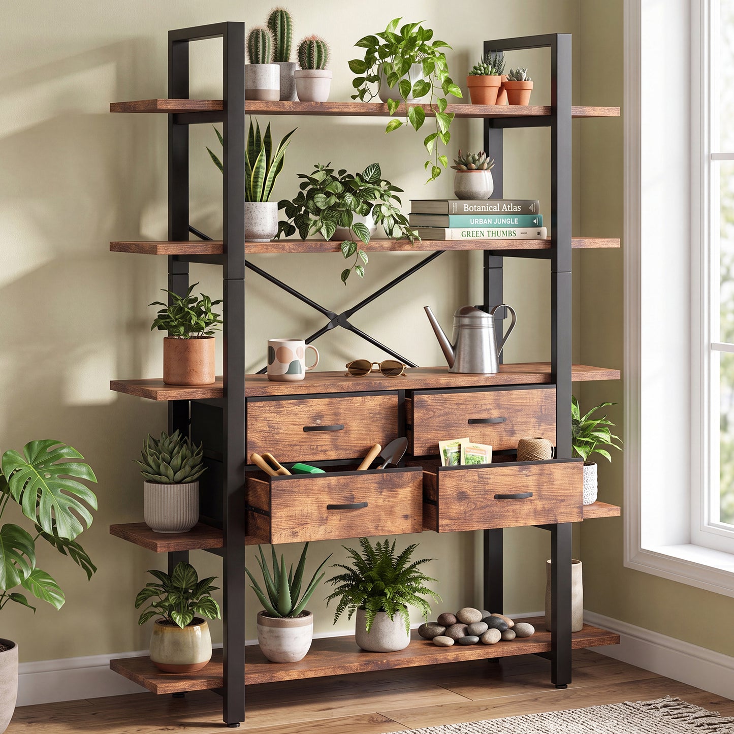 Industrial 5-Tier Bookshelf with 4 Drawers - Rustic Brown