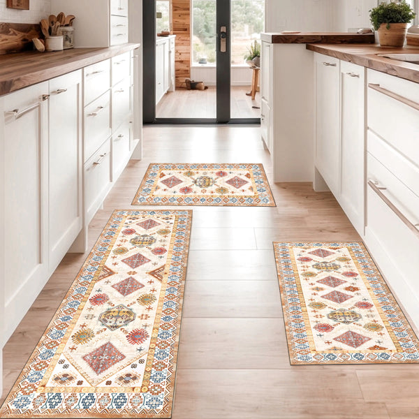 3-Piece Boho Kitchen Rug Set with Non-Slip Runner - Washable