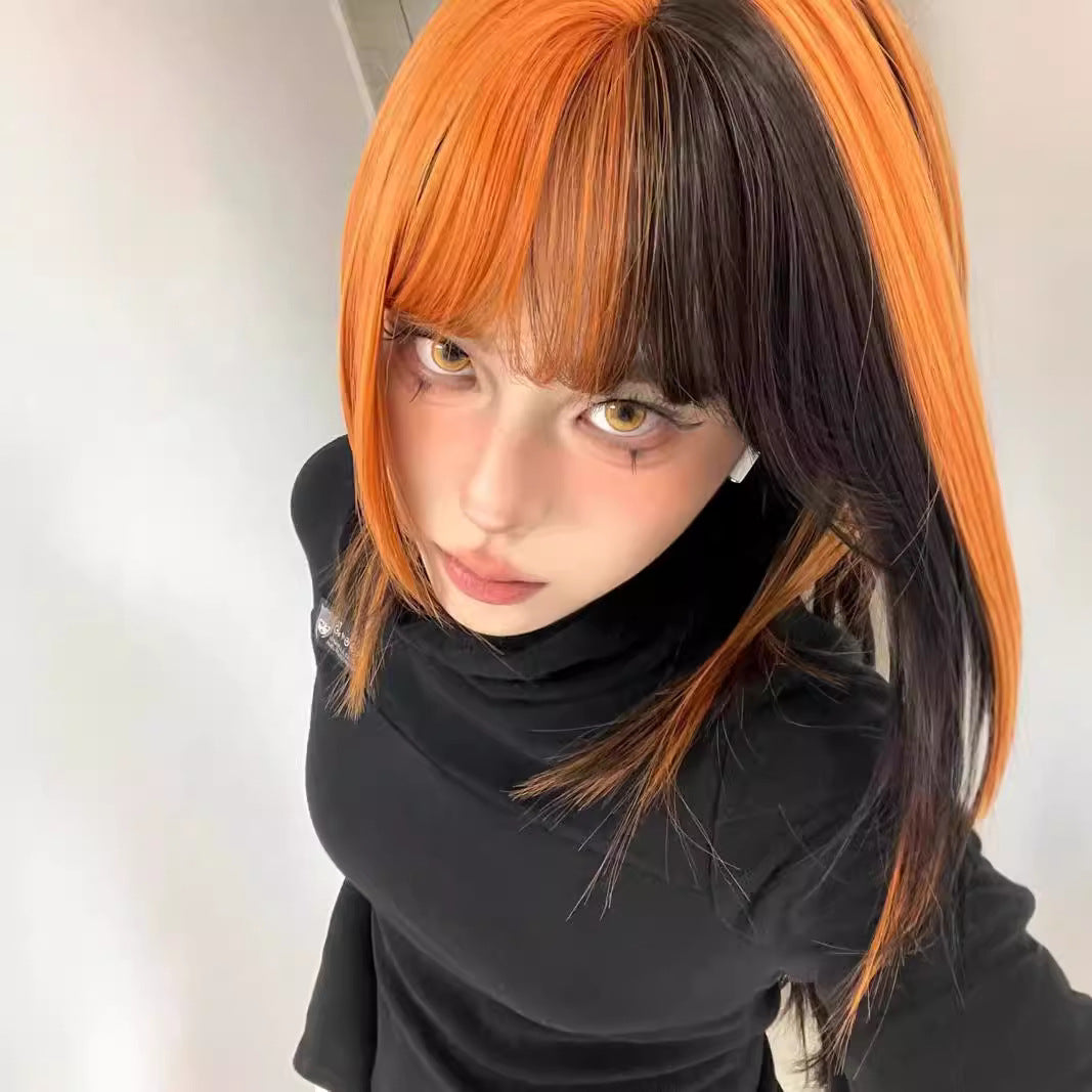 Black and Dirty Orange Ombre Synthetic Wig for Women - Long Straight Style with Bangs