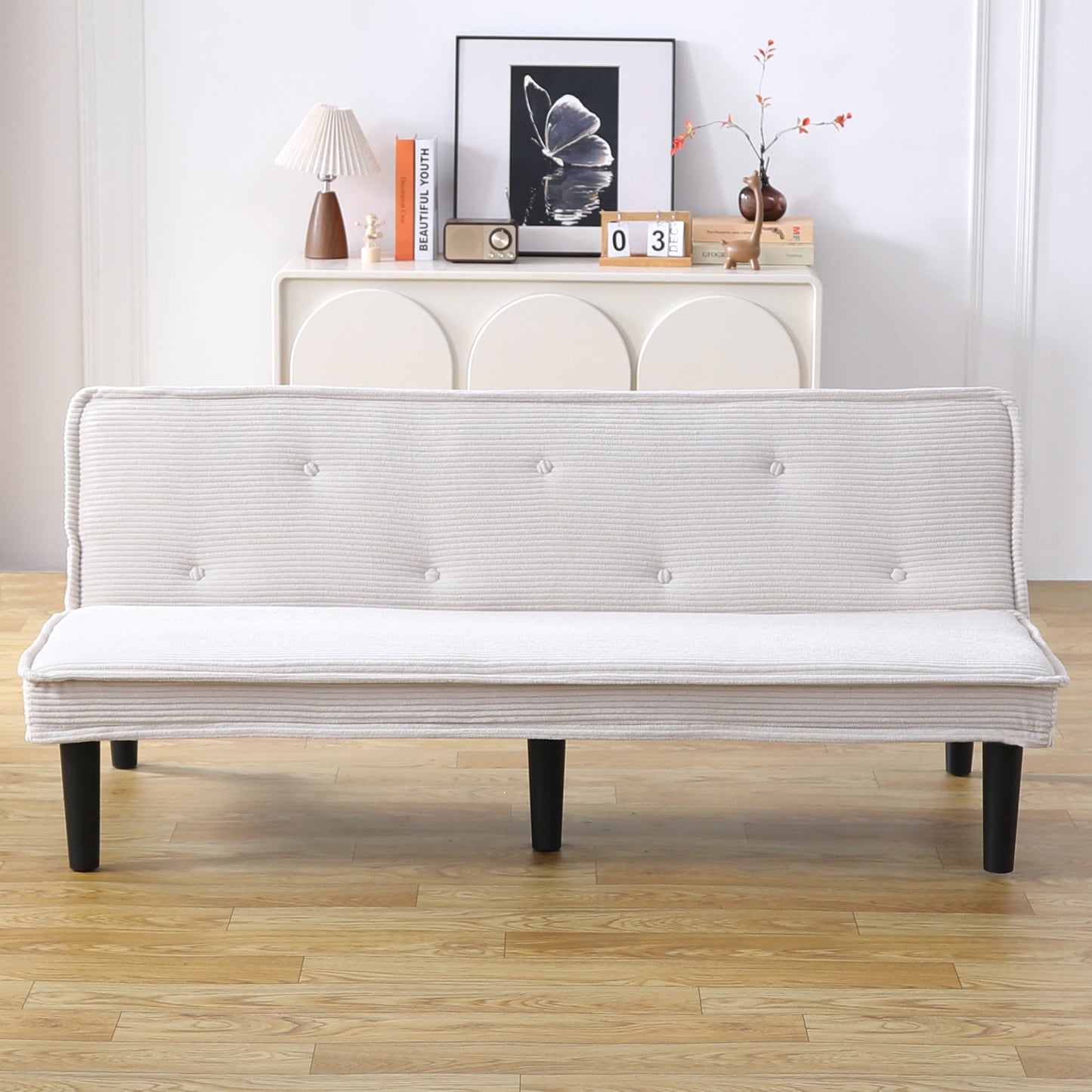 66-Inch Beige Corduroy Sofa Bed - Versatile for Living Room & Bedroom
