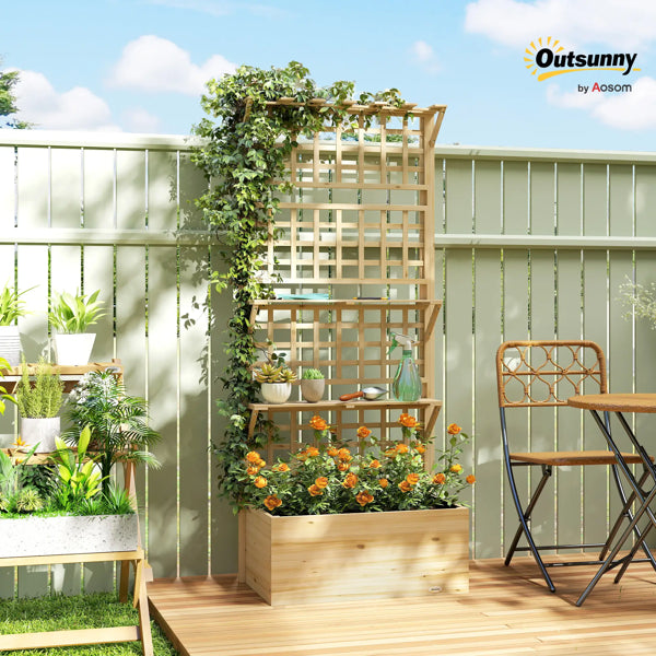 Raised Garden Bed with Trellis and Storage Shelves - Natural Wood
