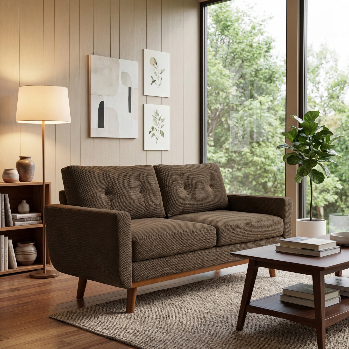 65-Inch Modern Minimalist Loveseat with Nubby Upholstery - Coffee
