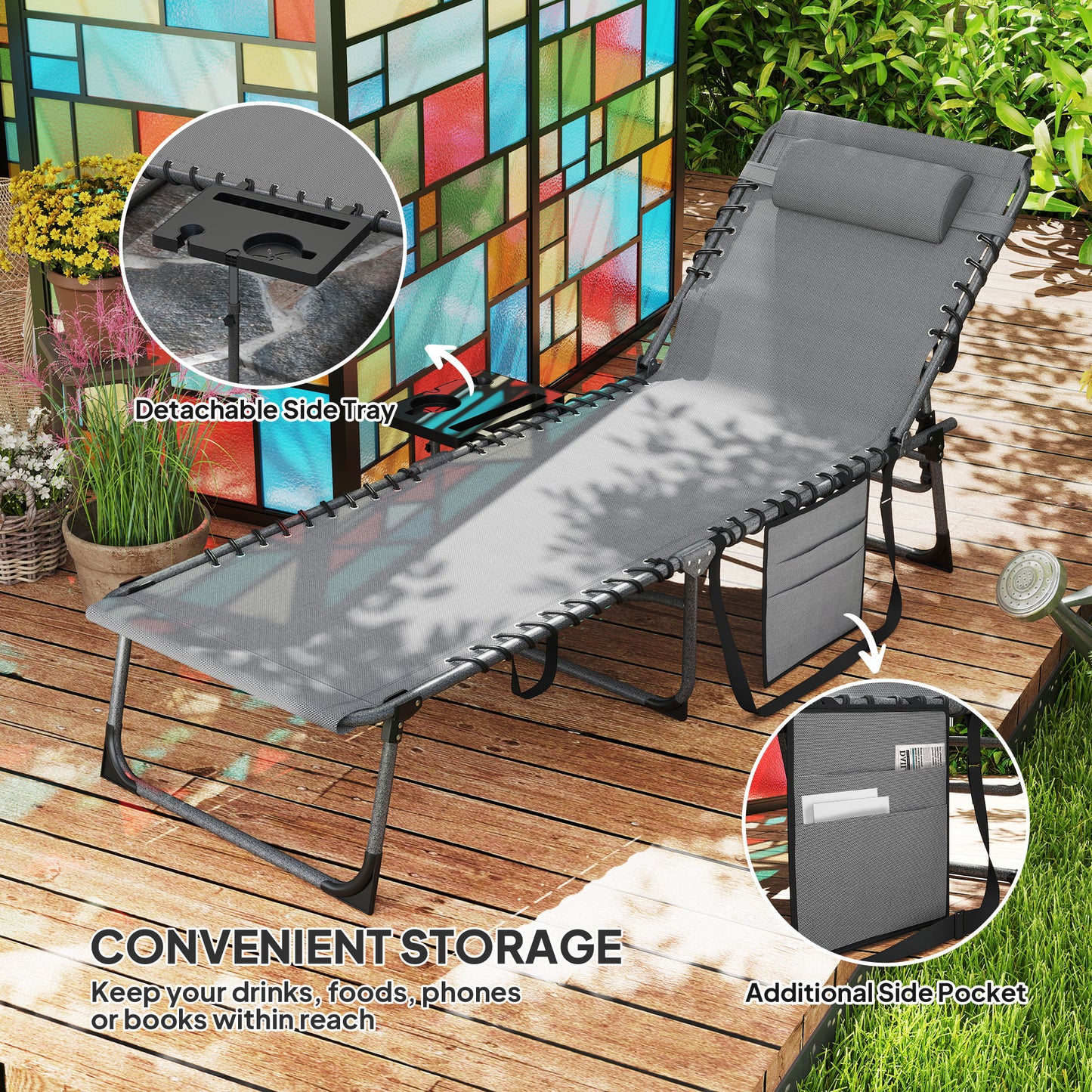 Folding Outdoor Chaise Lounge Chair with Side Table & Pillow - Gray