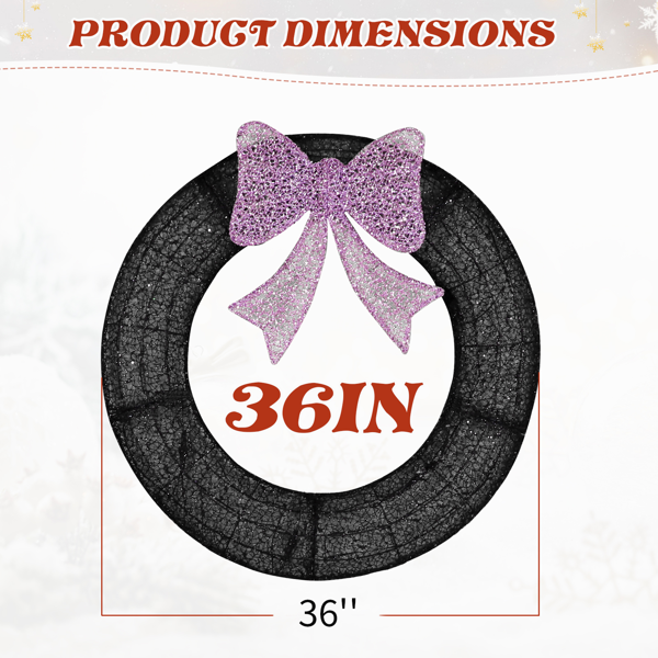 36-Inch Pre-Lit Christmas Wreath with Remote Control LED Lights - Purple Bow