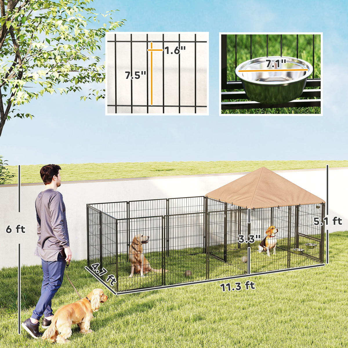 Large Outdoor Dog Kennel with Rotating & Adjustable Bowls, Waterproof Canopy