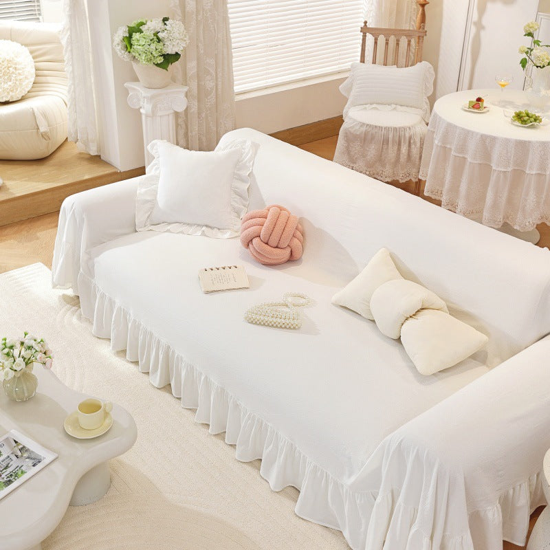 Linen-Colored Ruffled Edge Sofa Cover - Full-Cover Dust Protector