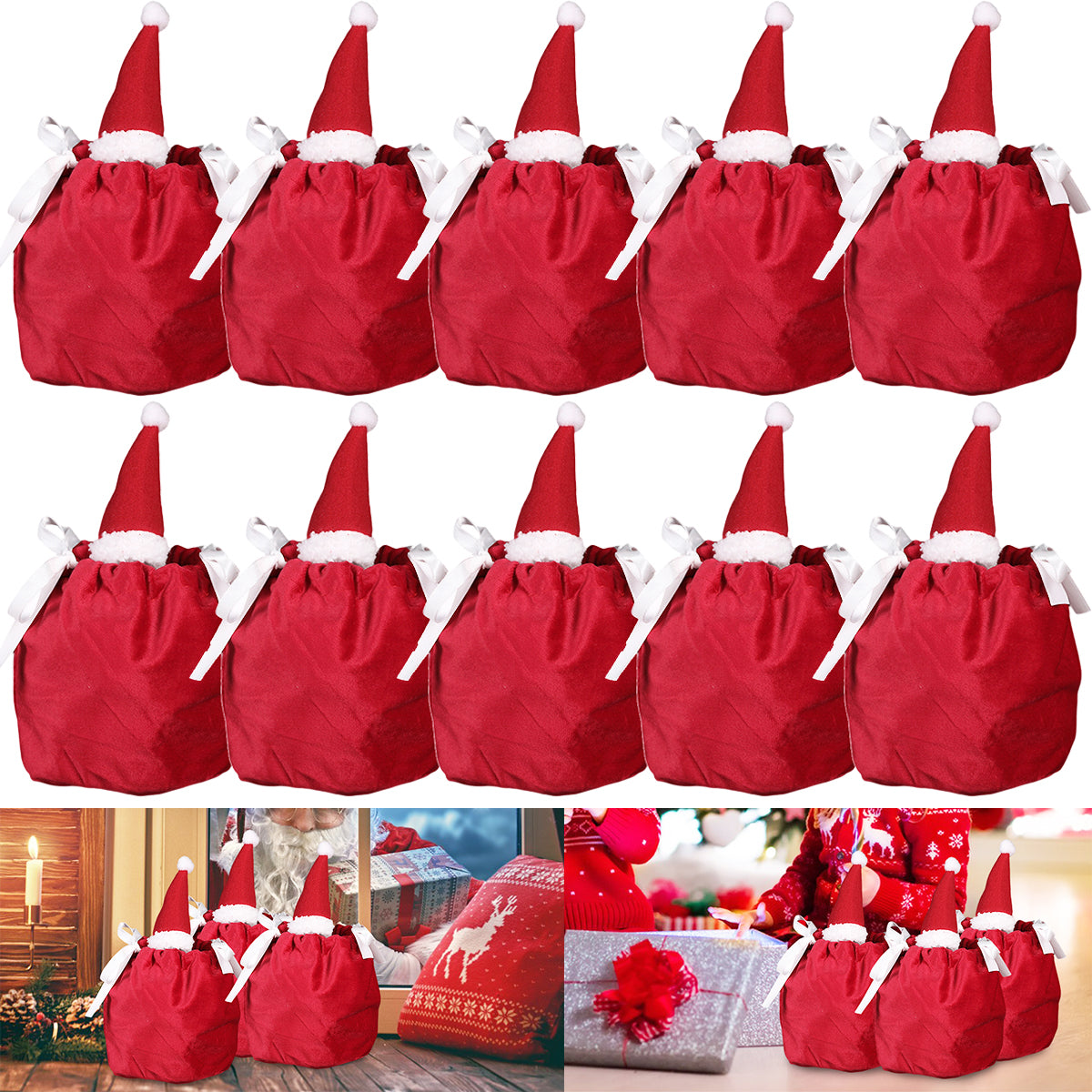 Christmas Treat Bags - 5 Packs Red & White Velvet Gift Wrap
